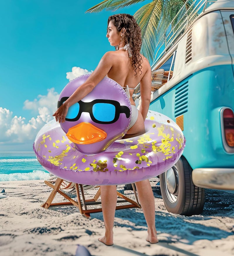 POZA Inflatable Duck Pool Float Tube- Heavy Duty Vinyl UV Resistant Confetti Pool Duck Floatie, Animal Pool Float Swim Ring Pool Inflatables for Kids and Adults for Beach, Party, Vacation - Image 4
